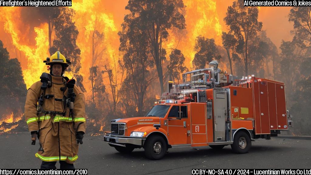 A tall, robust male figure in protective gear stands next to a large, orange, wheeled fire truck. He holds a long, extendable ladder and has a determined expression on his face. The background is a chaotic scene of flames engulfing trees and hillsides with smoke billowing into the air.