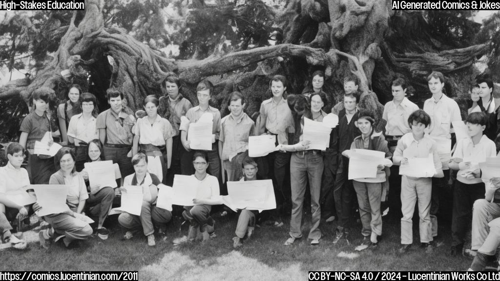 a group of young students in a classroom with a large tree in the background, surrounded by various educational materials and a principal-looking figure standing at the front of the room, holding a clipboard with environmental review forms