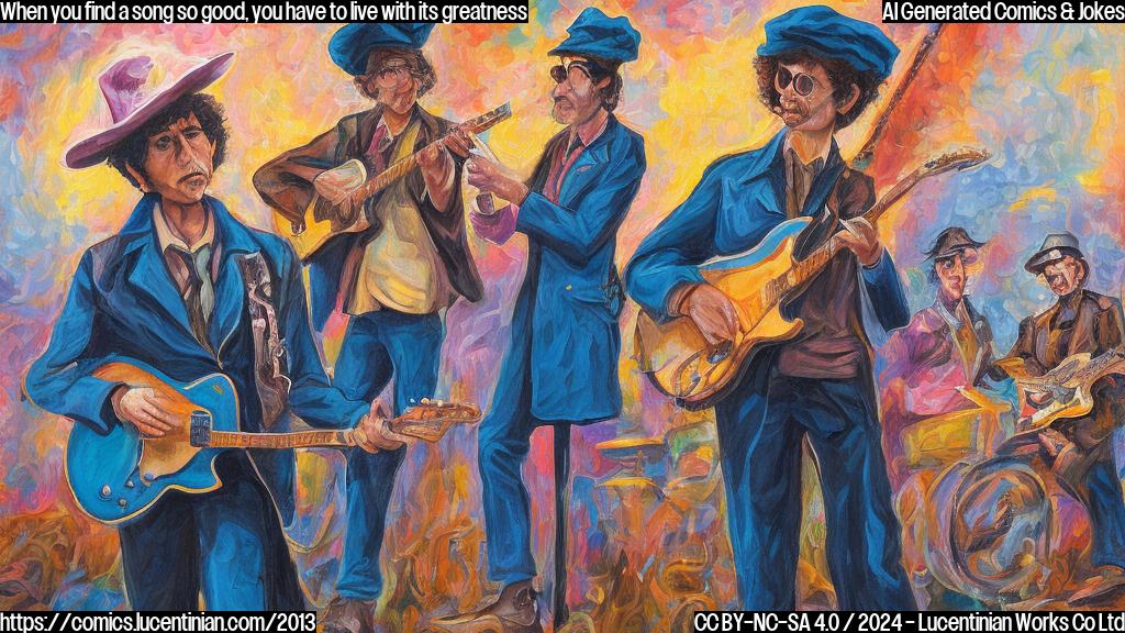 Describe a cartoonish Bob Dylan figure with a guitar, wearing a beret and sunglasses, standing on stage with an overjoyed James Mangold expression in the background. The overall color scheme should be a mix of blues and earthy tones to reflect the music genre.