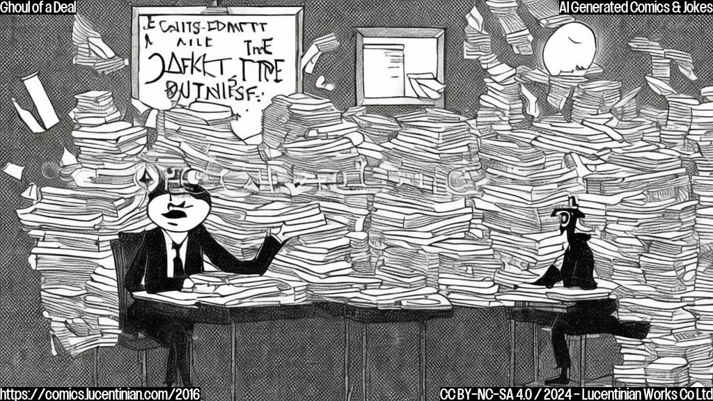 Draw a cartoon of an accountant sitting at a desk with a surprised expression, surrounded by stacks of books and papers. In the background, a faint image of a ghost should be visible, hovering above the accountant's shoulder. The ghost is wearing a mischievous grin and holding a pen in its hand.