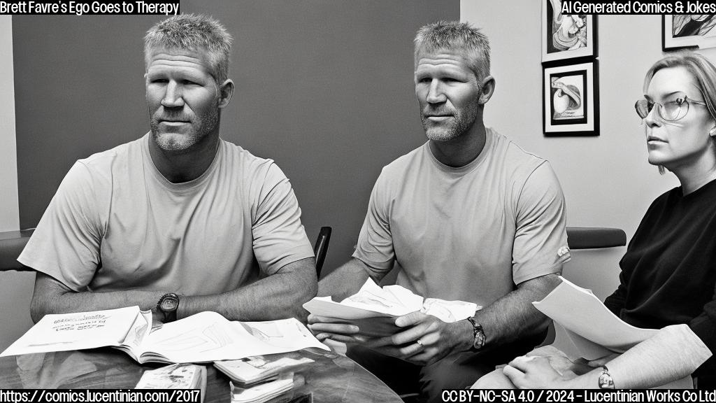 Draw a cartoon style picture of Brett Favre sitting in a therapist's office with a sad expression, holding his helmet and looking defensive, while the therapist looks at him with a concerned expression and has a stack of "sack"-related books behind them.