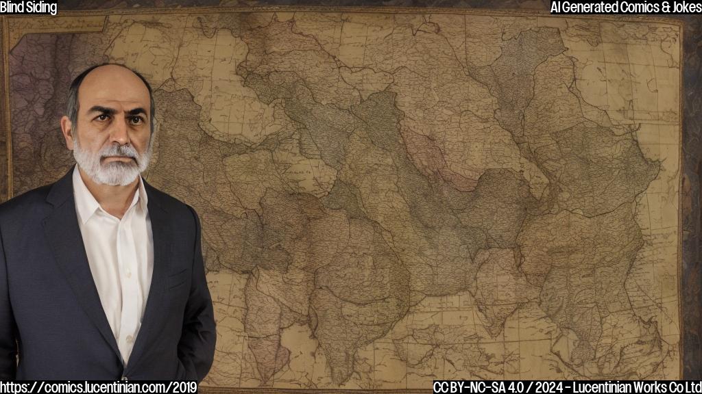 A middle-aged man with a stern expression, wearing a traditional Iranian outfit, standing in front of a darkened map of the Middle East. In the background, a faint image of an olive tree can be seen.