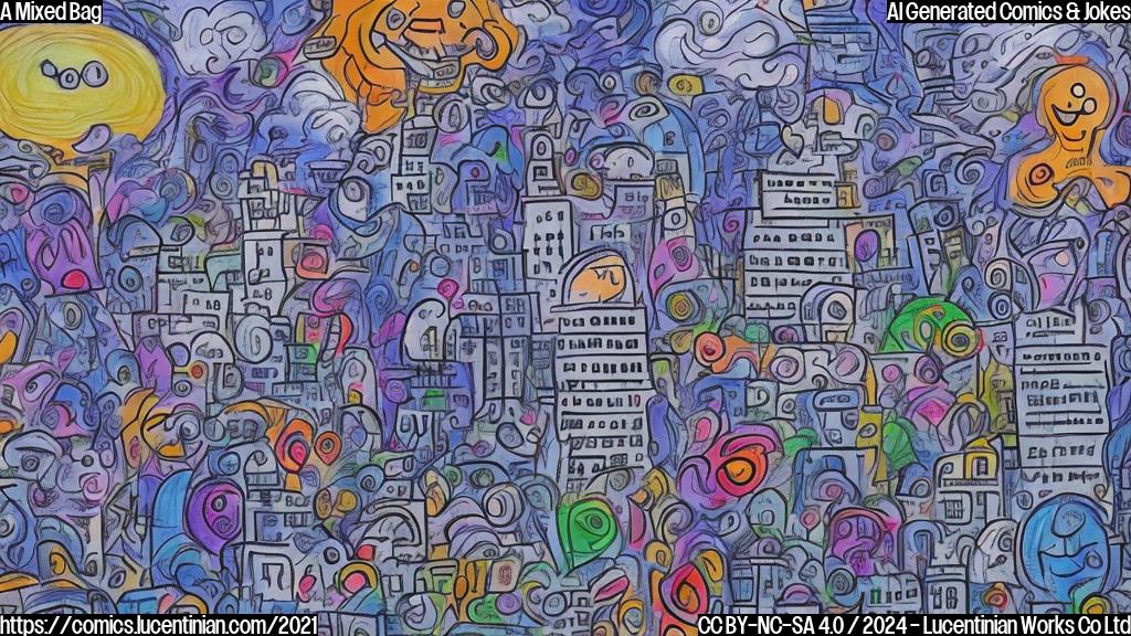 Draw a cartoon of a confused face with a mix of different emotions, such as happiness, sadness, and anxiety, all swirling together in a messy cloud. The background should be a blurred representation of a cityscape with various buildings and people, but everything is slightly distorted and out of focus.