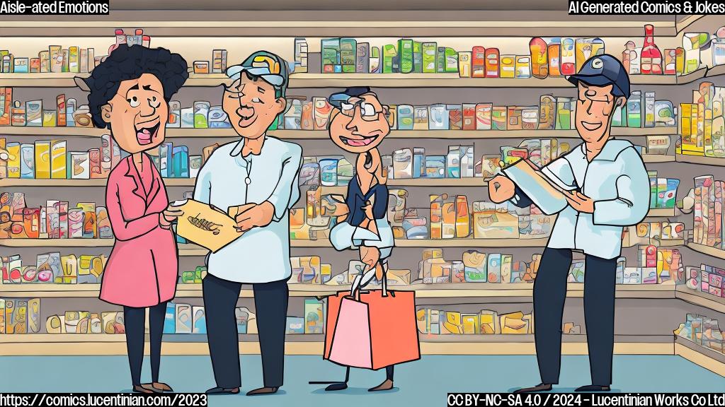 Draw a cartoon-style illustration of two people, one standing in front of a grocery store shelf with products stacked haphazardly, the other sitting on a therapist's couch looking concerned and holding a shopping list. The first person is wearing a therapist's hat, while the second person has a surprised expression on their face.