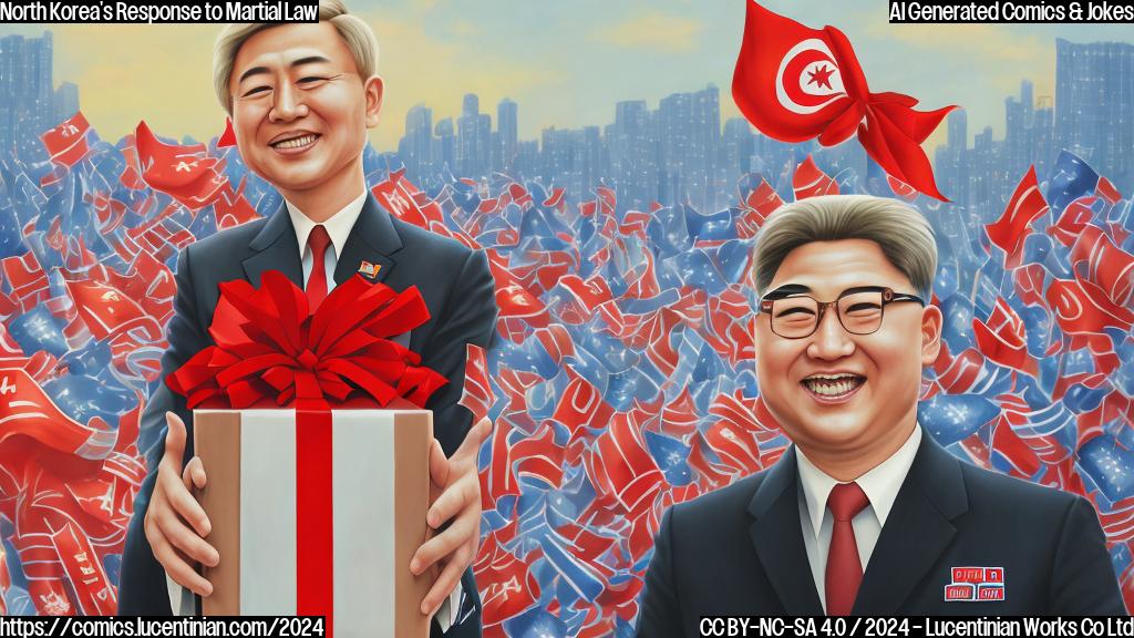 A cartoon-style image of a smiling person (the leader of North Korea) holding a wrapped box with a red ribbon, surrounded by South Korean flags and buildings in the background, with a subtle hint of a military presence. The style should be playful yet serious, conveying the surprise element of the gift.