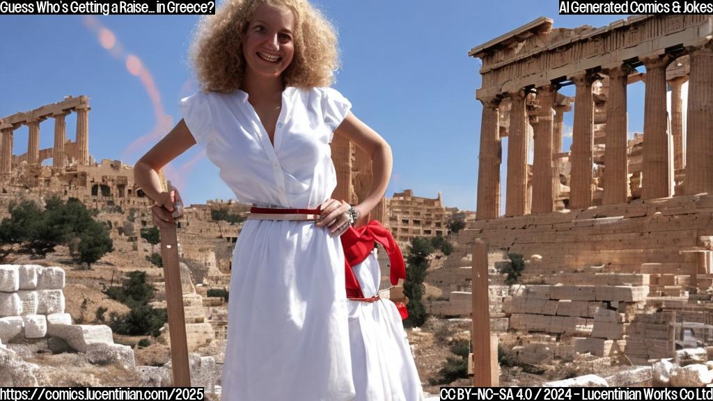 A woman with curly blonde hair and a bright smile, wearing a white or light-colored dress with a red belt, standing next to a ladder leaning against a blue Greek sky with the Acropolis in the background. The ladder should be slightly tilted towards her, as if she's about to climb it.