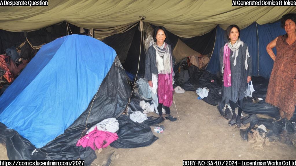 a woman in her mid-30s wearing a worn-out black scarf and a desperate look on her face, standing in front of a crowded tent with 20 people from the same village, all with varying degrees of distress and fatigue. The tent is made of a faded blue tarpaulin and has a few scattered belongings inside.