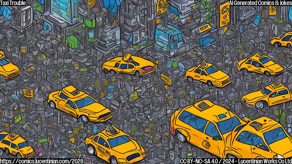 Draw a cartoon of a confused person surrounded by numerous taxis, with some taxis having "infowars" written on their sides, while others have papers and briefcases floating around them. The background should be a chaotic cityscape with multiple taxis zooming past each other.