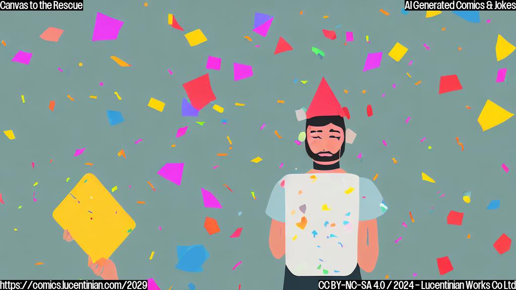 A futuristic, minimalist illustration of an artist holding a tablet with an open digital canvas app, surrounded by party hats and confetti, with a subtle glow effect highlighting their creative energy.