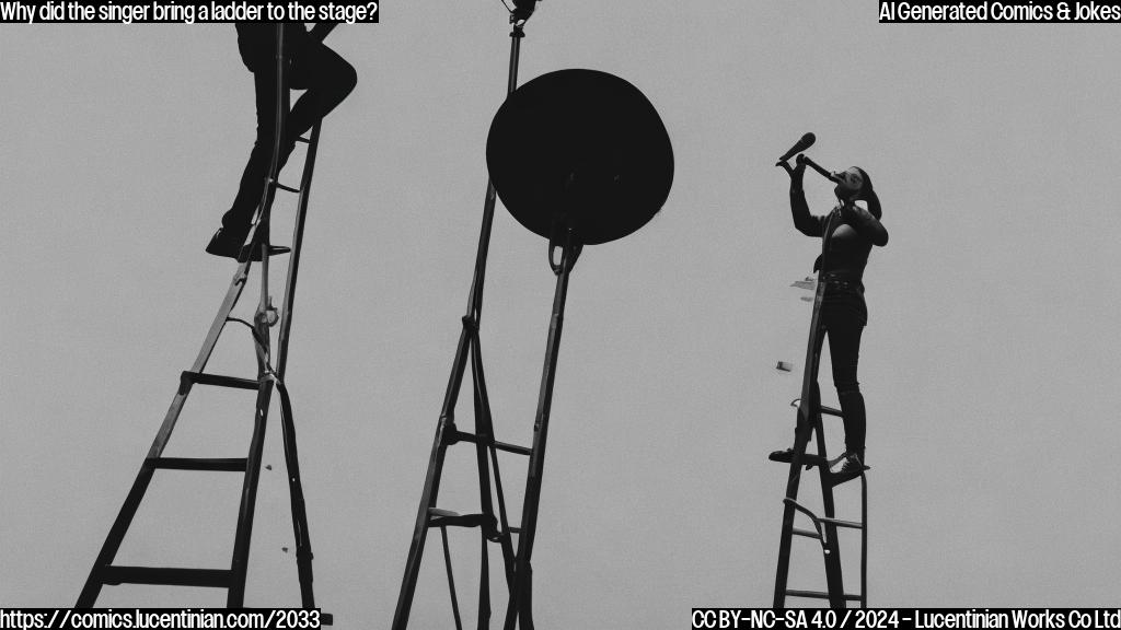 A singer with a big personality standing on a ladder, microphone in hand, belting out a powerful song. The ladder should be positioned at an angle to convey a sense of elevation and drama.