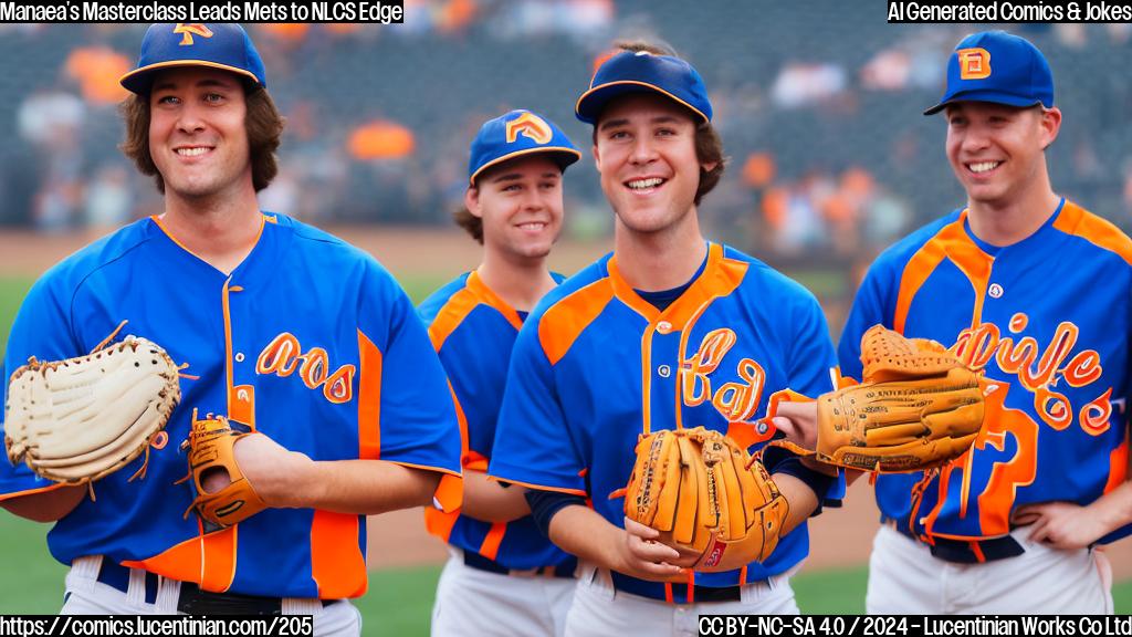 A cartoon of a baseball pitcher, with a thought bubble showing a heart, blowing a kiss to an empty stadium. The pitcher is wearing a blue and orange uniform, similar to the Mets' colors. In the background, there are cheering fans holding up rally towels in the same shade as Pete Alonso's Playoff Pumpkin. The pitcher's glove is clenched into a fist, conveying its emotional state.