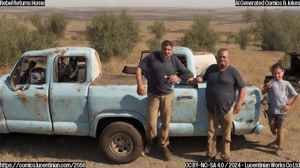 A middle-aged man with a worn-out suitcase and a determined look on his face, standing in front of a pickup truck with a small family smiling at him from the backseat, with a scenic view of a Syrian countryside in the background.