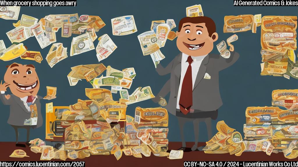 A cartoon of a smiling, anthropomorphic loaf of bread wearing a suit and holding a briefcase, standing next to a shocked-looking executive with a grocery cart behind them, surrounded by torn bread bags and scattered coupons. The background should be a blurred image of a grocery store with a " termination" sign on the door.