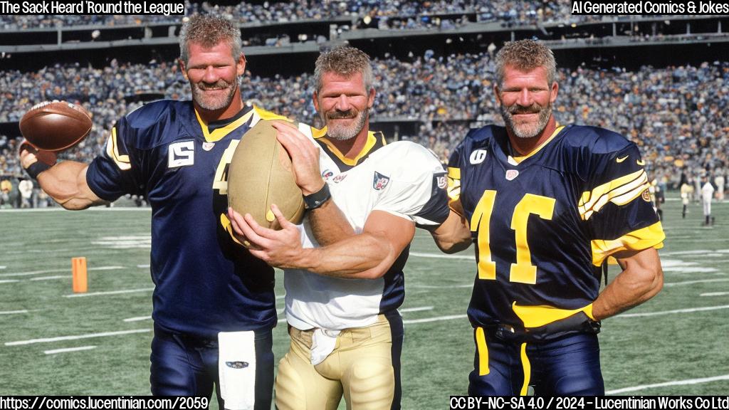 A muscular, mustachioed man with a fierce expression and a football helmet in hand stands next to a calm, smiling Brett Favre, who is holding a football. The background is a blurred NFL stadium.