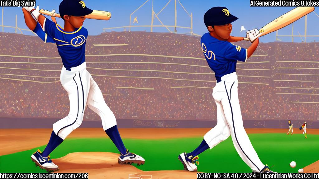 A cartoon-style illustration of a young baseball player with a Dominican background, wearing a San Diego Padres uniform, swinging a bat with a confident expression. The background should be a stylized representation of a stadium, possibly in the Dominican Republic. The bat itself could be depicted as having a few cracks or imperfections to emphasize its "off-base" feeling.