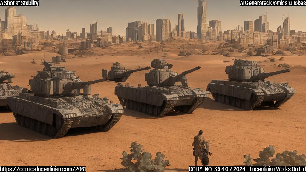 Draw two large, armored vehicles ( tanks ) standing side by side in a desert landscape with a city in the background. The vehicles should be from different countries and have distinct design features. Incorporate a few people in military attire walking around them, with some holding rifles or binoculars. The overall atmosphere should convey tension and unease.