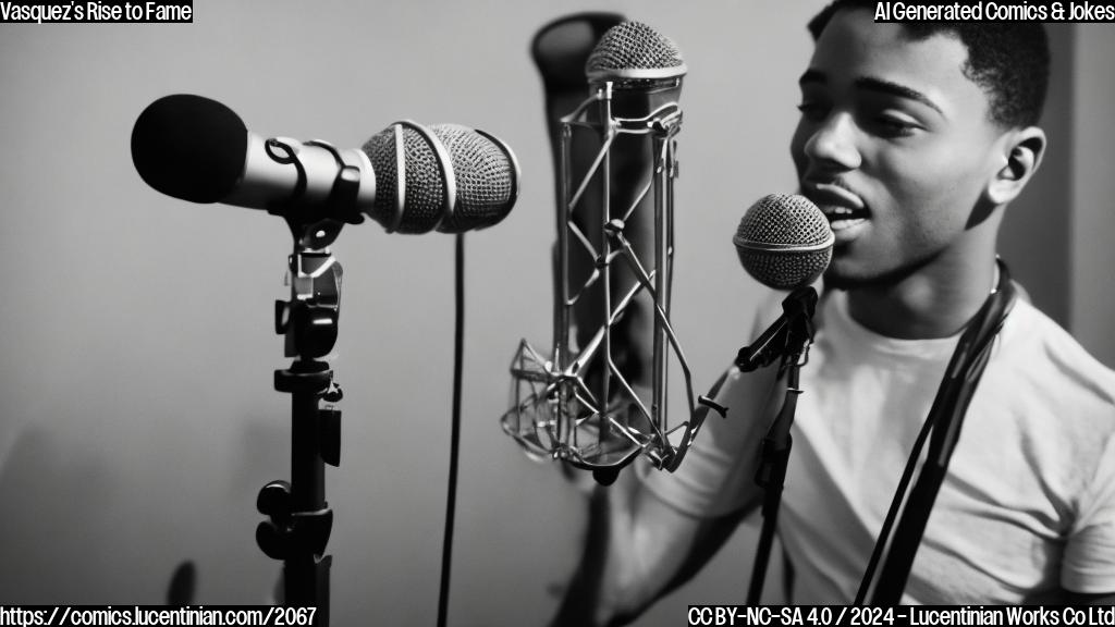 A young singer with a strong voice and a tall stature standing on a step stool in a recording studio, wearing a microphone and having a supportive team around him.