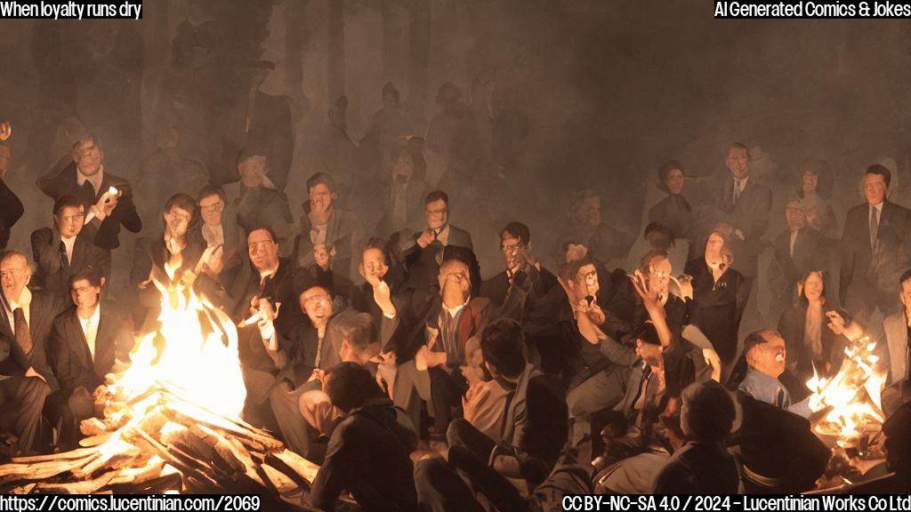 A group of angry politicians and party loyalists are standing around a campfire, some of them holding torches and others gesturing intensely. The background is a blurred image of a Senate chamber with worried-looking senators in the distance.