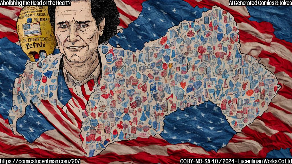 A cartoon style image of a person holding a large head with a small heart inside, standing next to a giant map of the United States. The person is wearing a "I'm voting with my heart" t-shirt, while the head is labeled as "Electoral College". The background should have a subtle gradient of red and blue colors to represent the ongoing US politics.