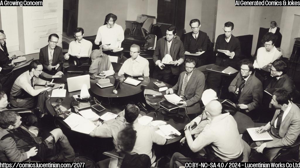 a group of serious-looking individuals sitting in a circle with laptops and notes, one of them stands on a chair to emphasize a point