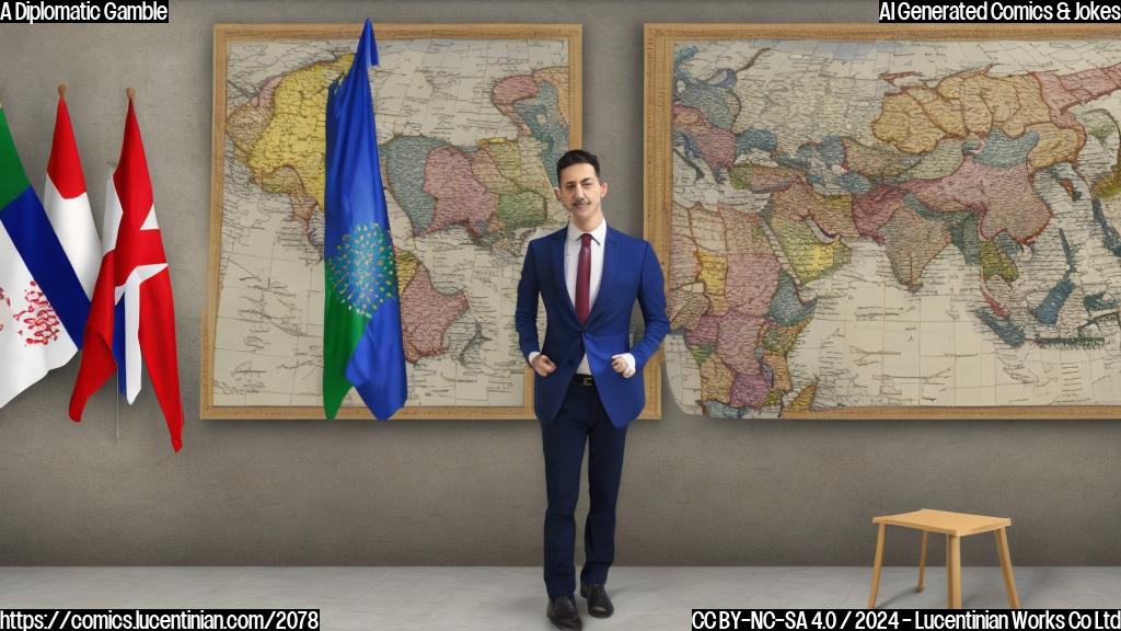 A human diplomat, standing confidently on a step stool with both hands on hips, looking at a map of the Middle East region with various symbols and flags indicating different countries and territories. The background is a blurred image of a large conference room with multiple tables and chairs.