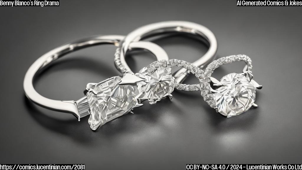 A large, shiny engagement ring on a dark background with a hint of a hand in the corner. The ring appears to be the focal point, with subtle shadows and reflections around it. The overall style is a cartoonish representation with simple shapes and bright colors.