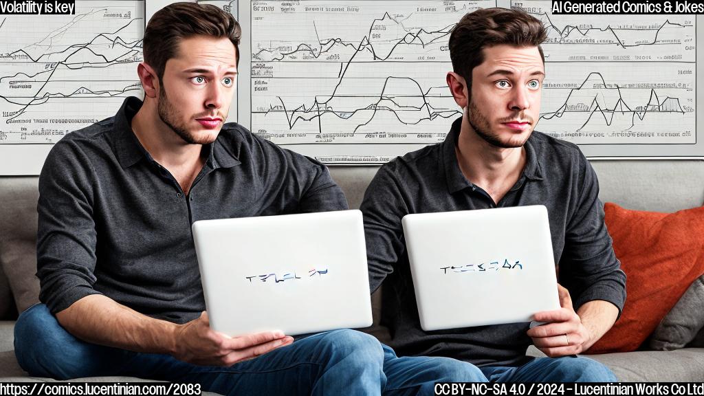 A cartoon of a person, resembling a stressed adult, sitting on a couch with a chart showing rapidly changing stock prices in the background. The person is holding a tablet with a Tesla logo on the screen and has a puzzled expression.