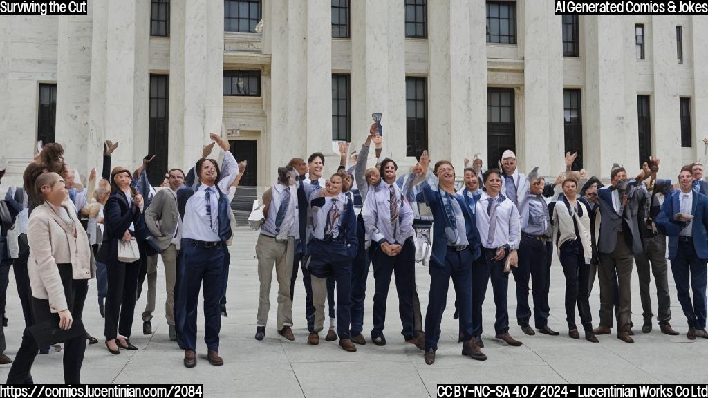 A group of investors, one holding a ladder and another a briefcase, standing in front of a large Federal Reserve building with a clock tower in the background. The investor on the ladder is looking up at something above the crowd, while the other is leaning against the building, both smiling and confident.