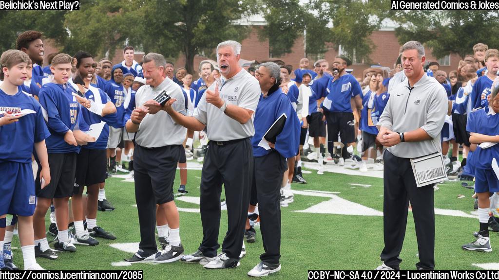 A graying football coach with a distinctive look and a coaching clipboard in hand, standing on a college campus, surrounded by excited students wearing school colors, while holding a ladder.