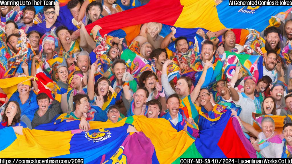 Draw an image of a group of smiling people, mostly adults, holding colorful blankets in a packed football stadium. The background should show a blurred football field and some excited fans in the stands.