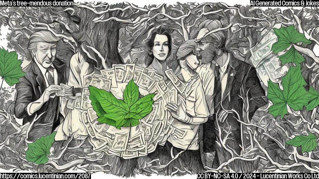 Draw a plain color cartoon style picture of a person (Meta) handing over money (a leaf or dollar bill) to another person (Trump), with a tree in the background. The two people are surrounded by branches and leaves, symbolizing growth and expansion.