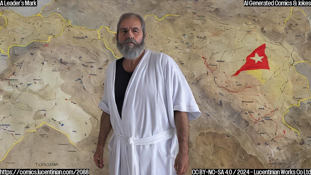 a man with a stern expression stands in front of a map of Syria, with a small footprint made out of dirt and ash near his feet. He is wearing a simple white robe and has a rugged beard. The background is a faded image of the Syrian flag.