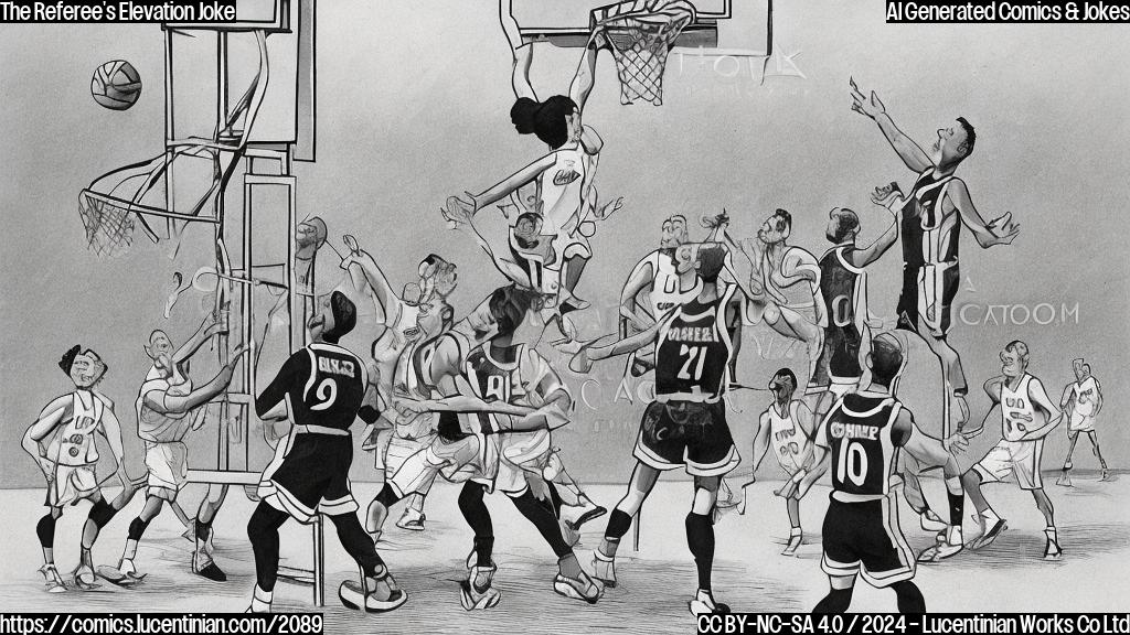 Draw a cartoon of a referee standing on a ladder in front of a basketball hoop, with a determined expression on his face, surrounded by sports equipment and players in the background.