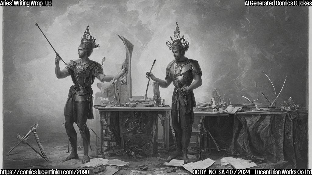 A figure in a celestial crown, with an arrow on its forehead and a book or pen in hand, standing in front of a ladder leaning against a desk with a few papers scattered around.