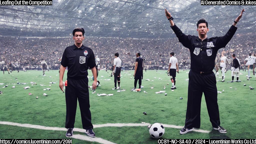 A large, leafy figure with a stern expression, wearing a referee uniform and standing in front of a football field, surrounded by a few scattered footballs and a Roc Nation logo on its chest.