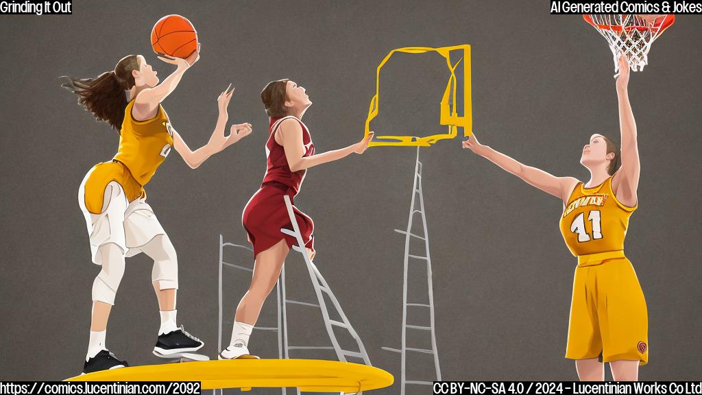 A cartoon style image of a woman in a Hawkeyes jersey standing on a ladder, looking up at the hoop with determination and confidence, while her opponent from Iowa State looks on in frustration. The background should be a dimly lit gymnasium with a crowd cheering in the stands.