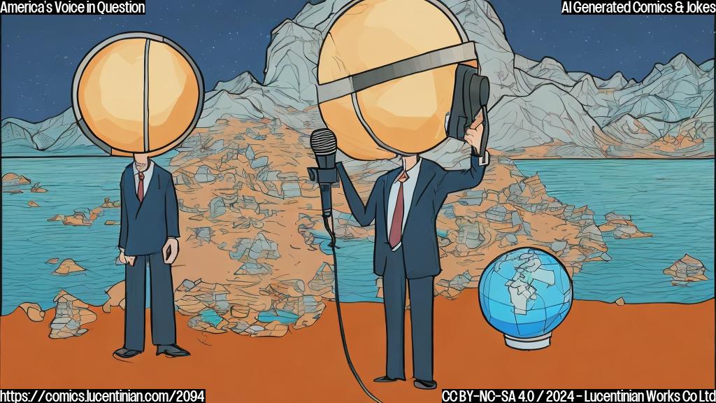 Draw a cartoon style picture of a stern-looking person wearing a microphone and standing in front of a globe, with a faint image of Kari Lake in the background holding a megaphone, while the words "Alternative Facts" are scribbled on the wall above them.