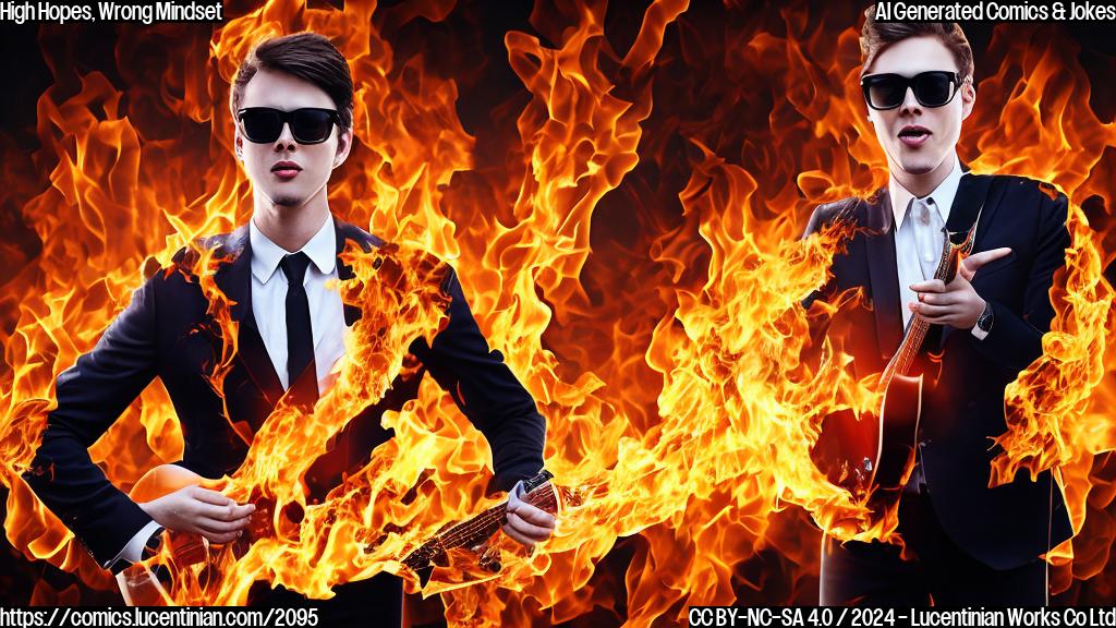 A person wearing a suit and sunglasses with a guitar on their back and a shocked expression on their face surrounded by flames with a background of a piano keys