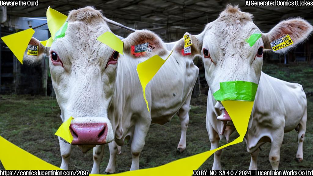 A cow with a greenish tint standing in front of a white background, surrounded by caution tape and a few scattered milk bottles, with a serious expression on its face.