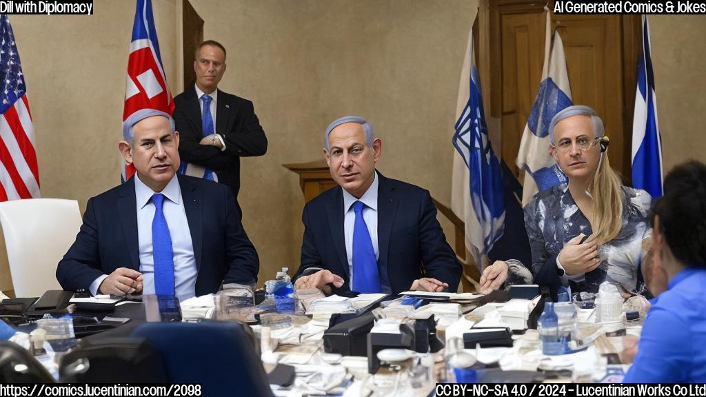 A stern-faced Netanyahu sitting at a negotiating table with a hint of a smile, while a US official looks on with a mix of optimism and skepticism in the background, all in shades of blue and gray