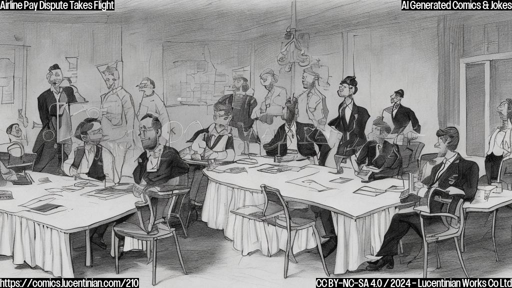 Draw a cartoon of a group of workers in a meeting room with a table and chairs. On the table is a pay package with a big X marked through it. The union representative is standing next to the table looking frustrated, while the HR manager is sitting at a nearby chair with a smug expression on their face. The background should be a gray or blue color scheme to represent a corporate meeting room.