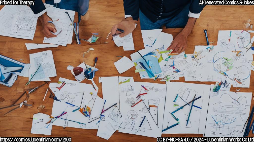 Draw a cartoon of a person in a therapist's chair, surrounded by graphs and charts with a large smile on its face, as if it's relieved to be talking about its feelings.