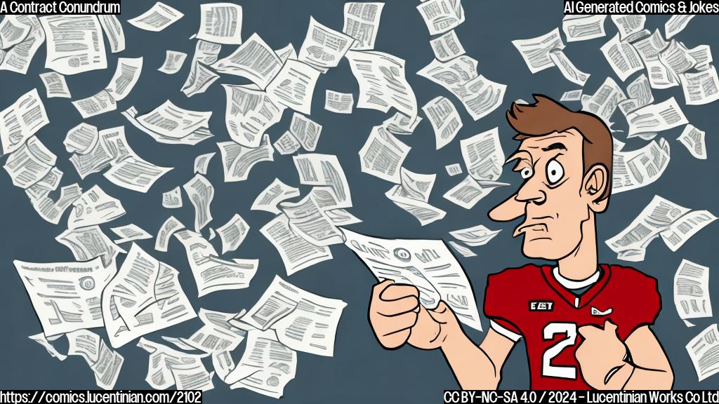 Draw a cartoon-style picture of a confused-looking football player (human) holding a contract with multiple pages and clauses, surrounded by confusing financial symbols and numbers, with a hint of frustration on their face.