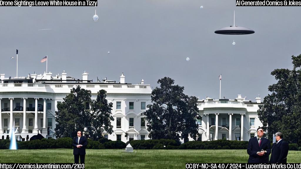 A group of unidentified flying objects are spotted hovering above the White House, causing concern among staff. A stern-looking official stands in front of the White House, looking worried and holding a tablet with a radar image on it.