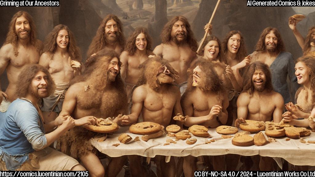 A smiling Neanderthal holding a piece of bread with a few crumbs on its furrowed brow surrounded by happy cavemen and women sitting around a large wooden table with an assortment of baked goods in the background.