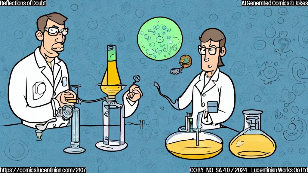 Draw a plain color cartoon style picture of a scientist with a puzzled expression standing next to a Petri dish containing a strange microorganism that seems to be gazing at itself in the agar gel, with a faint reflection visible on the surface.