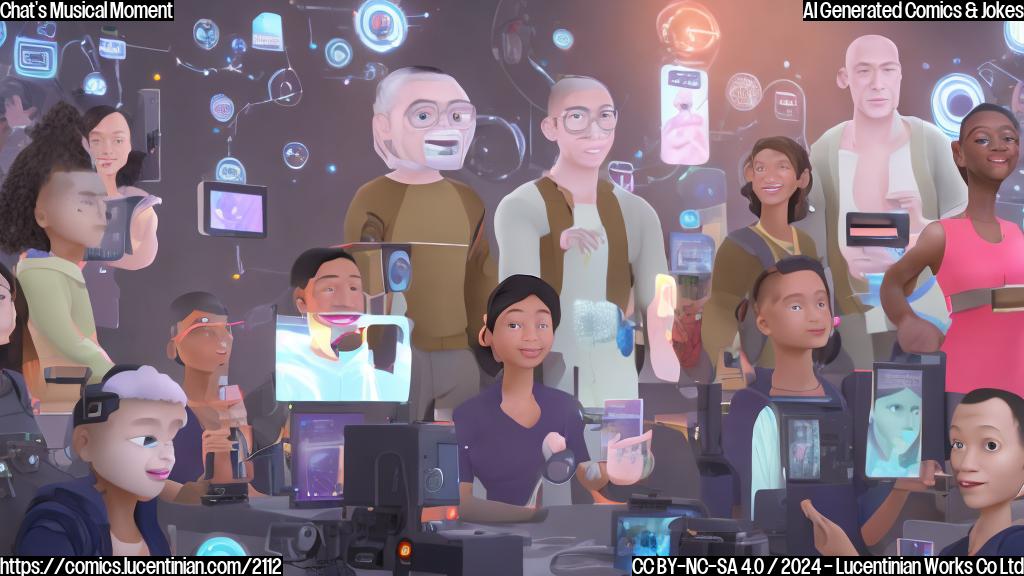 a group of avatars with different skin tones and clothing, all surrounded by screens displaying real-time video footage, with one avatar in the center adjusting a music volume knob while smiling at the camera