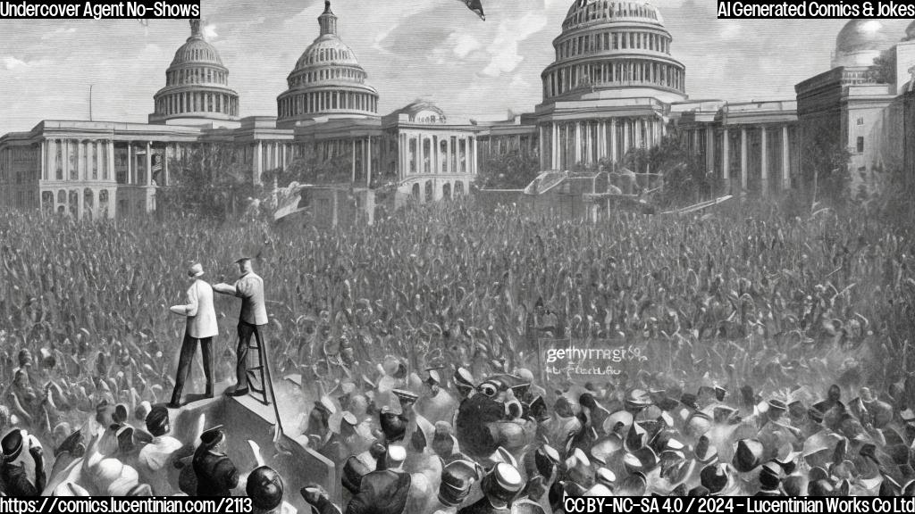 A cartoon of a man in an FBI uniform standing on top of a building with a ladder, looking uninterested and bored, while a crowd of people can be seen rioting below him. The background is a blurred image of the US Capitol building.