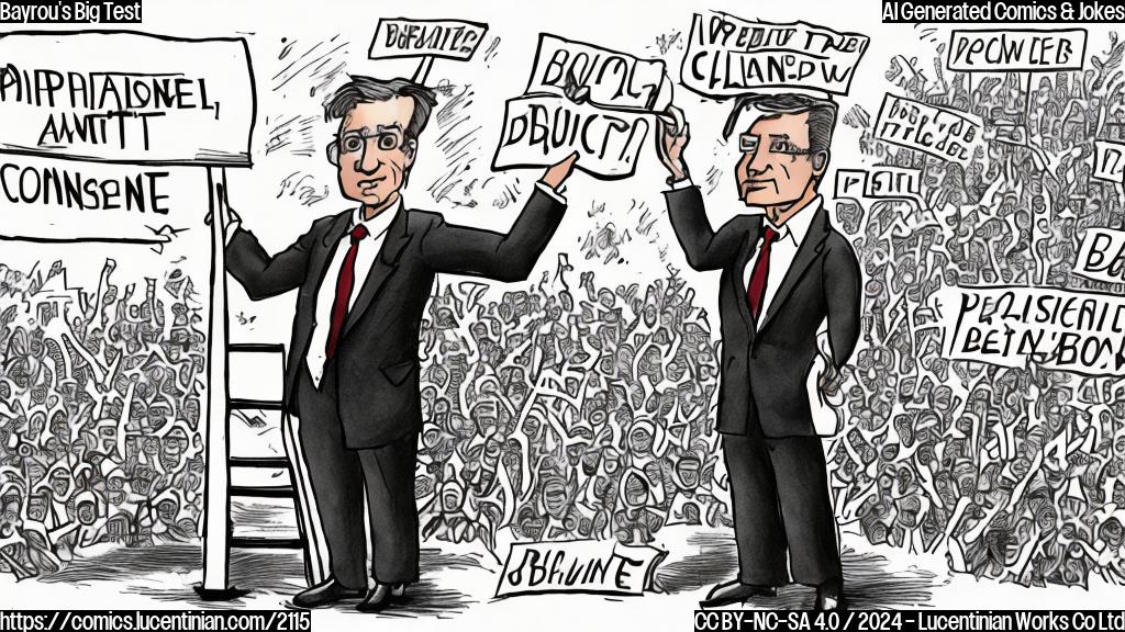 Draw a cartoon-style image of a person holding a ladder while speaking at a podium, with a confident expression. The person should be wearing a suit and tie, with a briefcase in hand. In the background, there are people holding up signs with François Bayrou's campaign slogans.