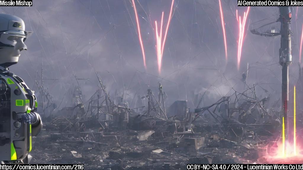 A futuristic, cartoonish missile with a puzzled expression, standing next to a destroyed power grid with sparks flying everywhere. The missile should have a faint glow around its body, symbolizing the "power" theme.